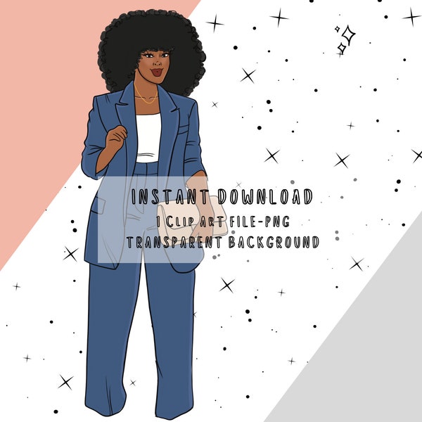 Professional Black Woman Fashion PNG Clip Art, Business Black Girl Clipart PNG,  Fashion Theme PNG,  Black Planner Doll Digital Sticker