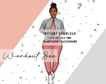May include: Digital illustration of a woman wearing a gray jacket and pink pants. The text "Workout Bae" is written in black at the bottom of the image. The background is a white and gray gradient with black stars.