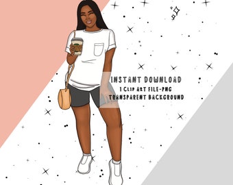 Black Woman with Coffee PNG Clip Art, Black Woman Drinking Coffee Clipart PNG, Boho Fashion Theme PNG,  Black Planner Doll Digital Sticker