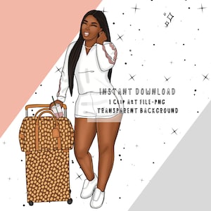 Black Woman with Luggage PNG Clip Art, Black Woman Travel Sticker Clipart PNG, Boho Fashion Theme PNG,  Travel Planner Doll Digital Sticker