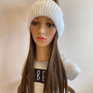 Cream knit hat with Human Hair attached | wig | Cancer hat hair| Perfect for those undergoing Chemotherapy or Alopecia. Personalized gift