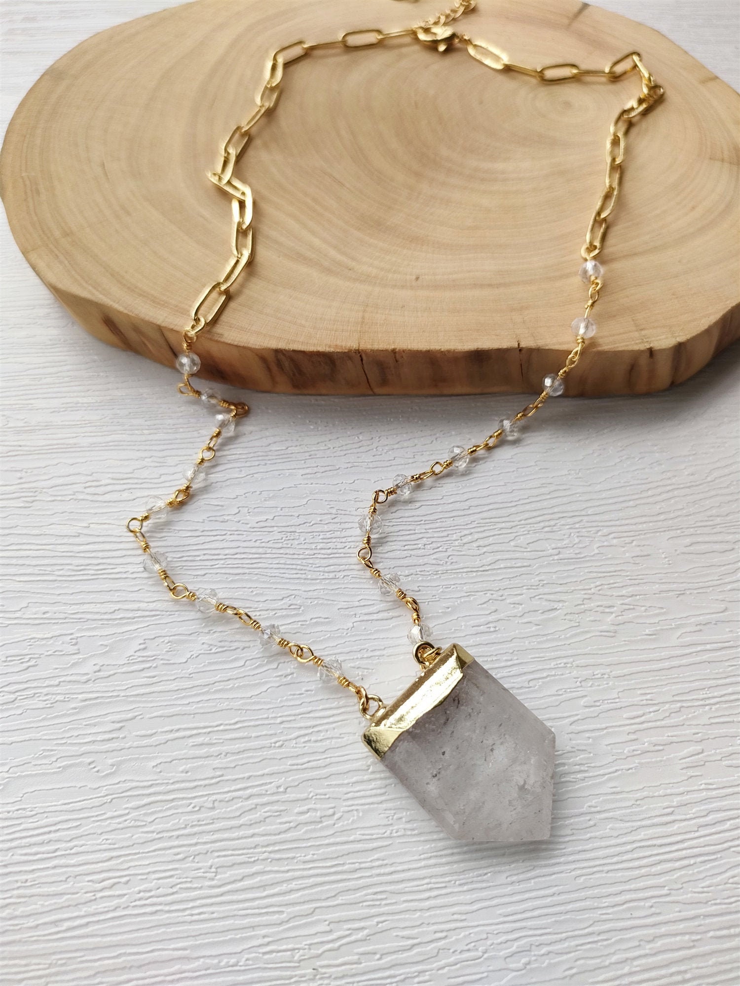 Natural White Quartz Pendant Gemstone Bead Gold Necklace Real Etsy