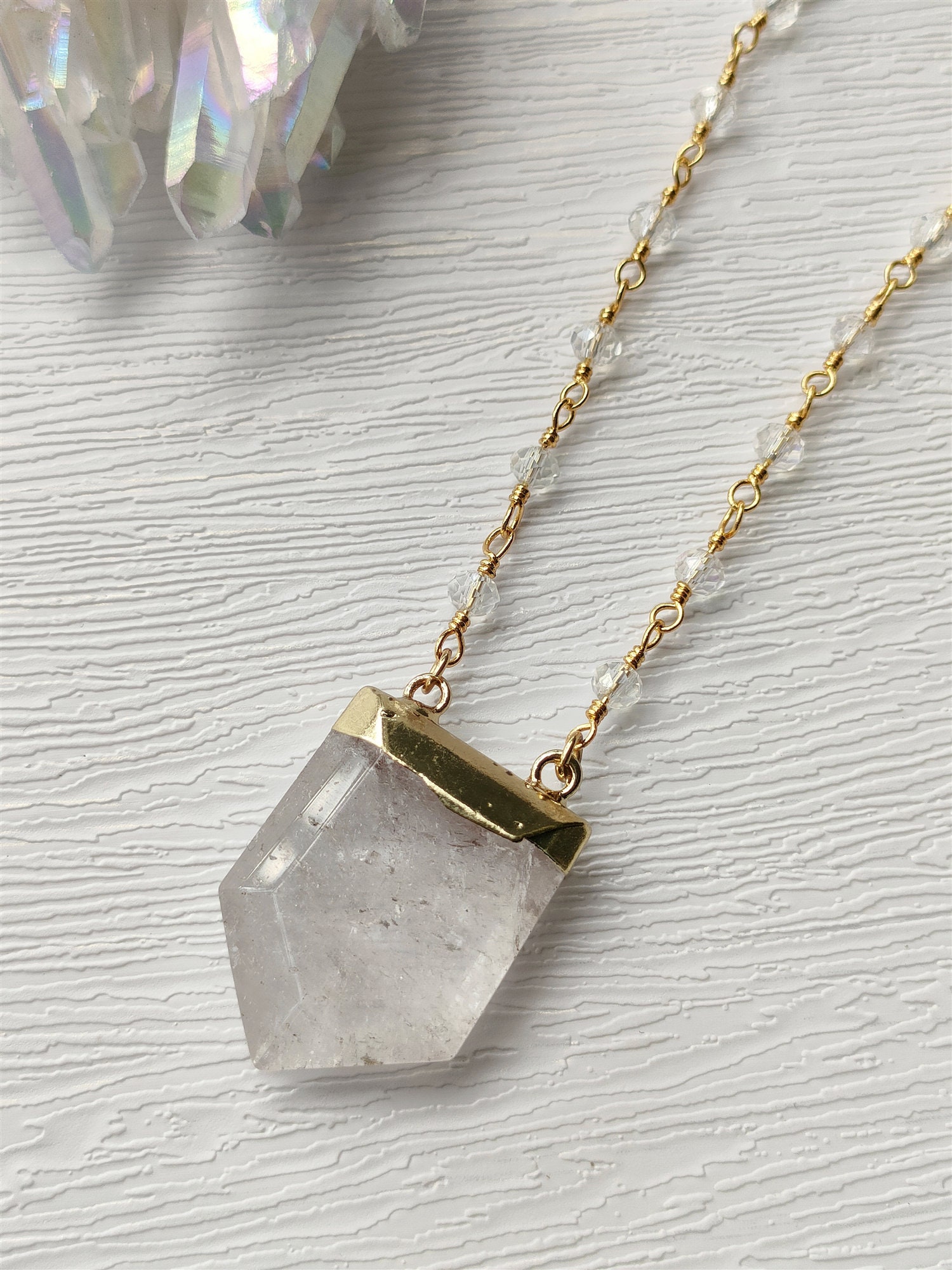 Natural White Quartz Pendant Gemstone Bead Gold Necklace Real Etsy