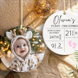 Baby&#39;s First Christmas Ornament, Baby Photo Ornament, Personalized New Baby Ornament, Baby Keepsake Ornament, New Baby Birth Stats Ornament