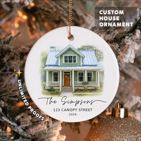 Custom Watercolor House Ornament, Personalized New Home Ornament, Christmas Ornament Gift, Housewarming