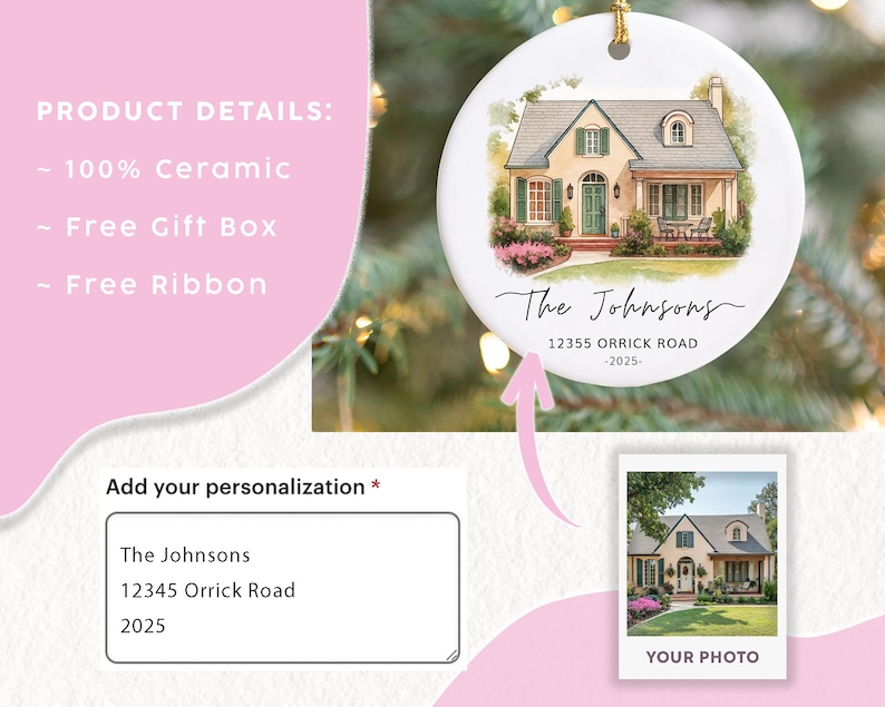 May include: A round white ceramic ornament featuring a watercolor illustration of a house with green shutters and a front door. The text reads The Johnsons, 12355 ORRICK ROAD, and 2025. A gold string is attached to the top for hanging on a tree.
