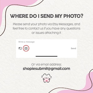 May include: An instructional graphic with a pink and white background featuring the text WHERE DO I SEND MY PHOTO? and instructions to use Etsy Messages or email shopiesubmit@gmail.com. A small illustration of a cat holding an envelope is included.