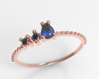 Stacking sapphire ring 14KT gold/0.50ct Pear sapphire ring/Three stone sapphire ring/Blue sapphire ring 14KT rose gold/100% natural sapphire