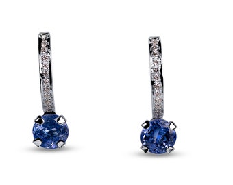 Tanzanite diamond earrings huggies style 14KT white gold/Natural tanzanite earrings/Natural diamond earrings 1/2" size earrings white gold