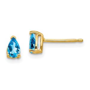 Pear topaz earrings studs 14kt yellow gold solid gold natural gemstone studs nice big butterfly closure blue gem studs kids earrings studs