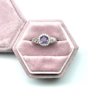 Purple sapphire ring/Unique engagement ring purple sapphire halo ring/Sapphire Diamond ring/14KT white gold ring lavender sapphire ring WOW