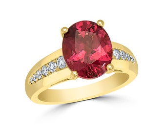 Tourmaline Diamond ring 18KT yellow gold/Large cocktail gemstone and diamond ring/Natural pink tourmaline diamond ring/Ethically sourced