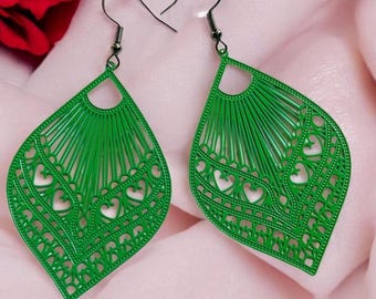 Pendientes de lágrima, pendientes colgantes, pendientes de abanico grande, joyas de uso diario para ella, regalos para ella, sin embalaje de plástico, verde bosque