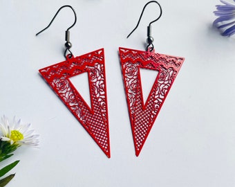 Red Triangle Earrings, Flower Triangle Earrings, red rose, Triangle Earrings, Birthday gifts for her, everyday Earrings