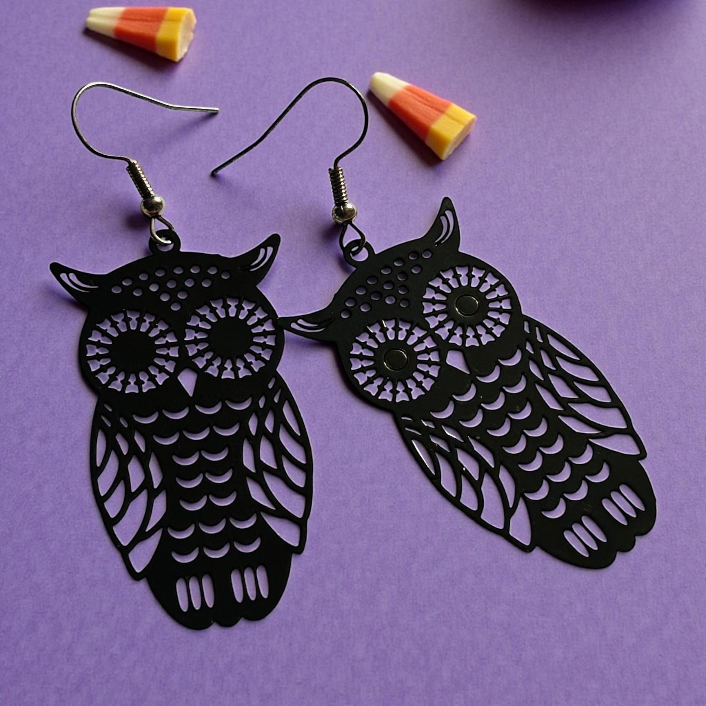 Black Owl Earrings &ndash; Large Lightweight Cut-Out Owl Dangle Earrings &bull; Gothic Jewellery &bu