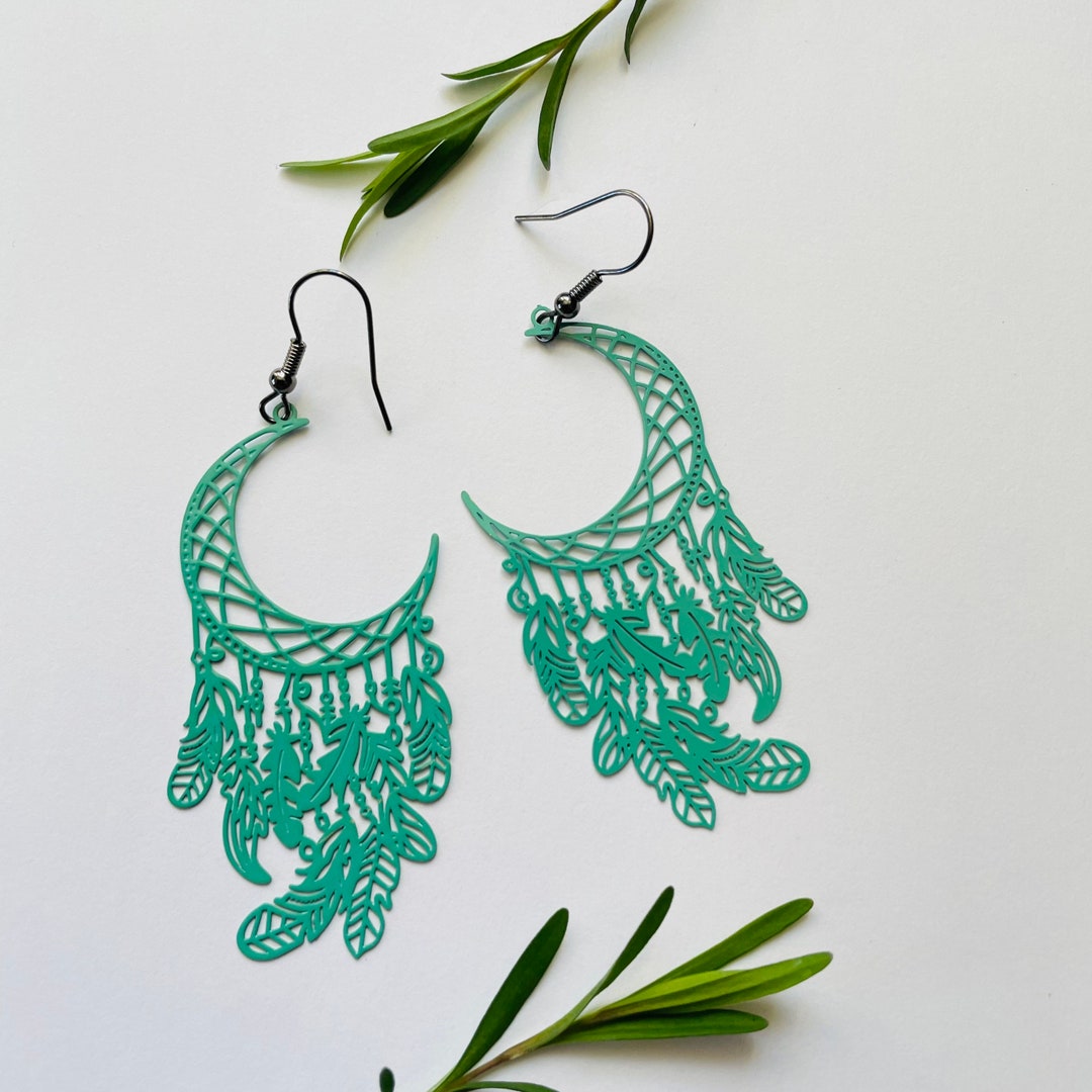 Green Earring Art Nouveau Earring Dreamcatcher Earrings Etsy