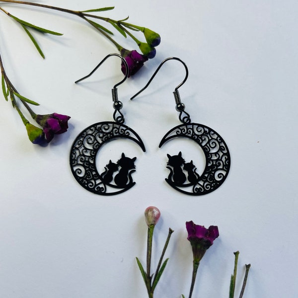 Black Cat Earrings, cat earrings, witch gifts, Moon Earrings, cat and Moon earrings, cat lover gifts, daughter gifts, birthday gifts for her