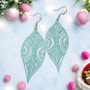 Boucles d&#39;oreilles feuille, grandes boucles d&#39;oreilles feuille, boucles d&#39;oreilles tribales, boucles d&#39;oreilles découpées au laser, cadeaux tribaux, cadeaux zoulou, boucles d&#39;oreilles turquoise, hypoallergéniques, cadeaux
