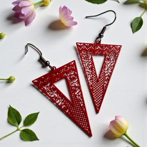 Red Triangle Earrings, Laser Cut Filigree Drop Earrings, Lightweight Hypoallergenic Handmade Gift for Her, Geometric Jewellery UK