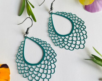 Lace Earrings , Green lace , Lace hoop earrings,  gifts for her, hypoallergenic hooks, Filigree charms, everyday earrings