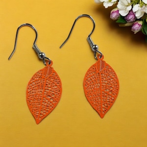 Orange Earrings, Filigree Earrings, small leaf, laser cut, fashion earrings, gifts for her, hypoallergenic hooks, stocking fillers,
