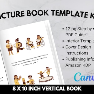 May include: A template kit for creating an 8 x 10 inch vertical picture book. The kit includes a 12-page step-by-step PDF guide, interior template, cover design instructions, and publishing information for Amazon KDP. The image shows a colorful illustration of children reading books.