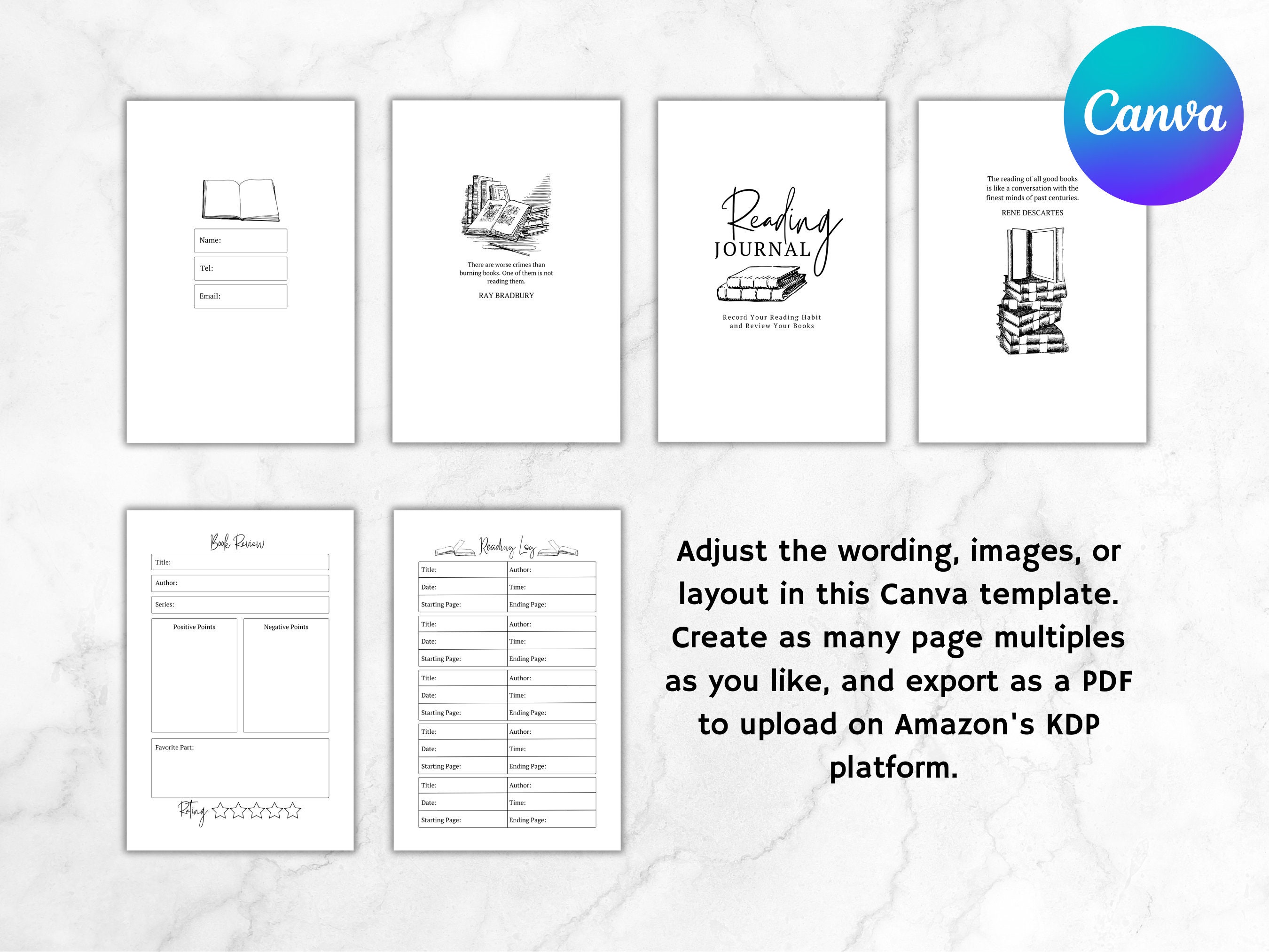 KDP Reading Journal Canva Template | KDP Journal Interior File | Book ...