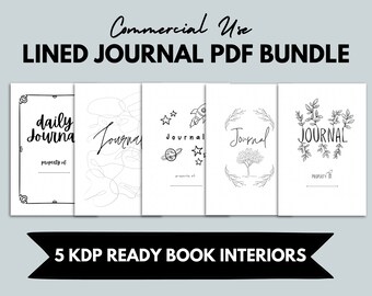 May include: Five black and white lined journal covers with different designs. The covers include a simple border, a swirl design, a rocket and stars, a tree in a wreath, and a leafy branch. The text on the covers reads "daily journal", "journal", "journal", "journal", and "JOURNAL". The text "5 KDP READY BOOK INTERIORS" is at the bottom of the image.
