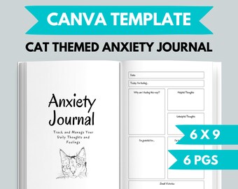 KDP Cat Anxiety Journal Canva Template | KDP Journal Interior File | Anxiety Journal Commercial Use KDP | Mindfulness Journal Printable