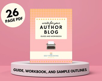 May include: A 26-page PDF guide and workbook titled "Write for Your Author Blog" with a vintage typewriter illustration and a pink and orange polka dot background. The text "Self-Publishing Magic" is also included.