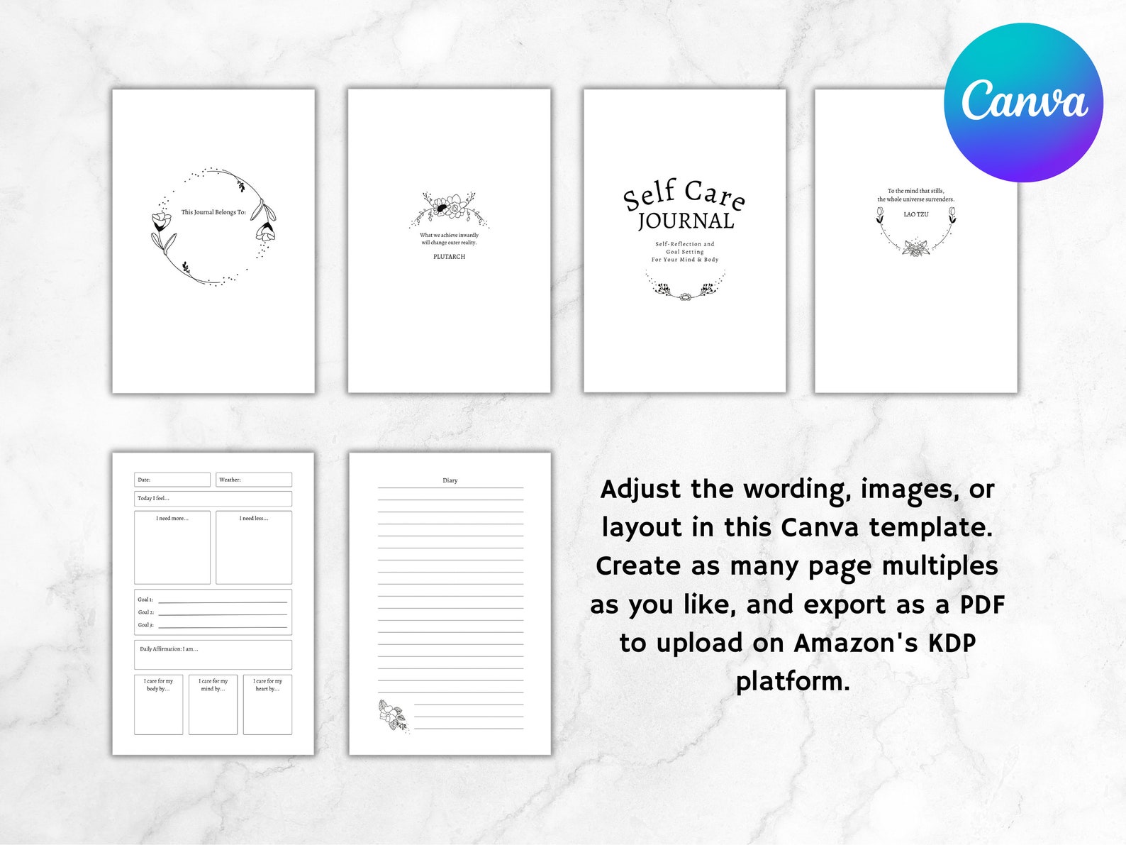 KDP Self Care Journal Canva Template | KDP Journal Interior File ...