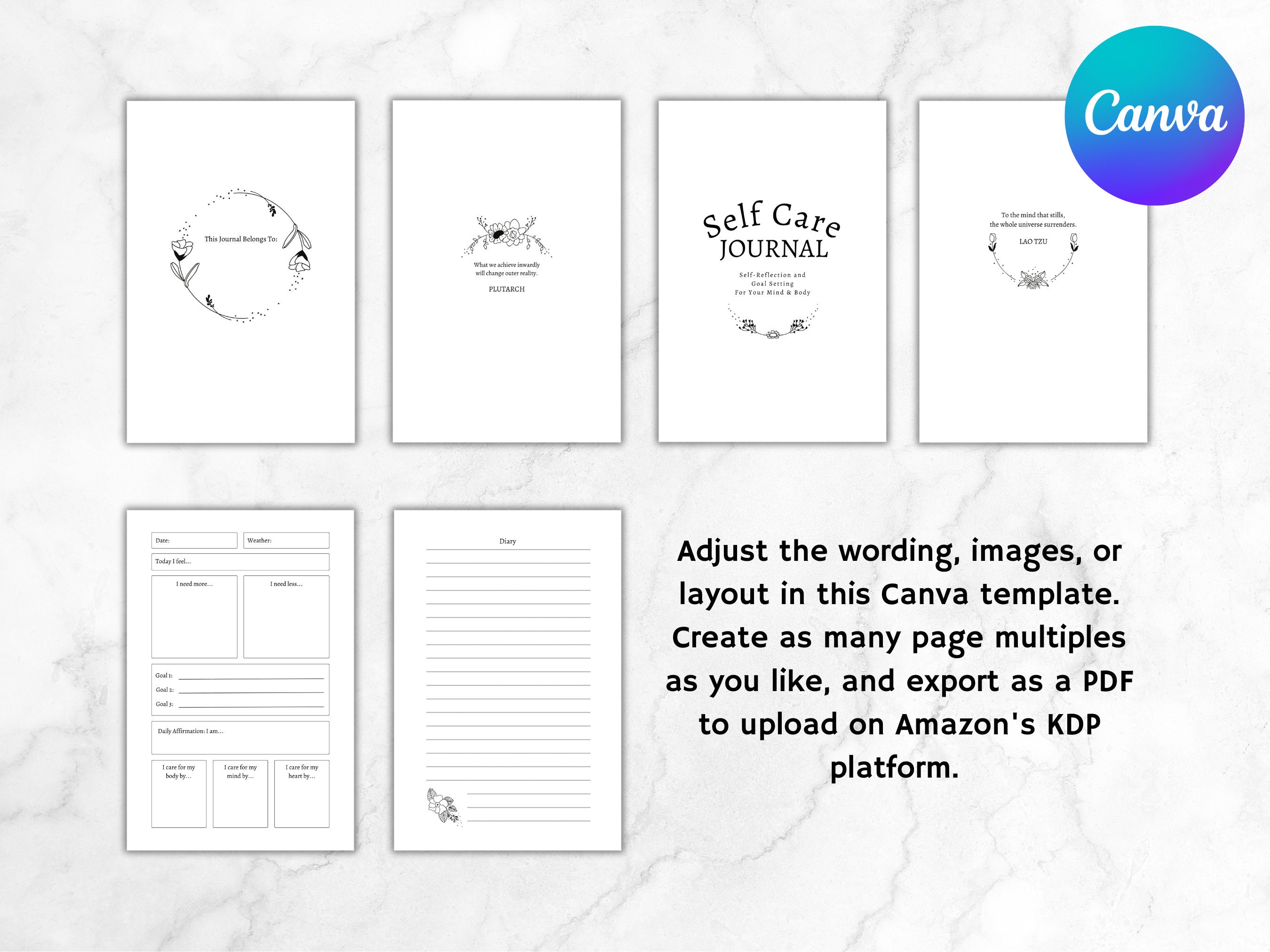 KDP Self Care Journal Canva Template | KDP Journal Interior File ...