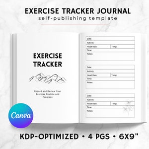 Puede incluir: Un diario de seguimiento de ejercicios imprimible en blanco y negro con una ilustración de una cordillera y el texto "EXERCISE TRACKER". El diario está diseñado para registrar y revisar las rutinas de ejercicios y el progreso. El texto "KDP-OPTIMIZED 4 PGS. 6X9" está en la parte inferior de la página.
