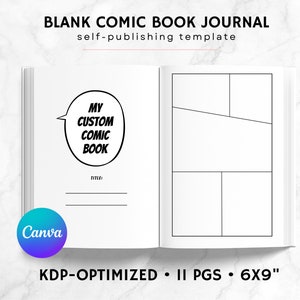 Puede incluir: Una plantilla de diario de cómic en blanco con un globo de diálogo que dice "MY CUSTOM COMIC BOOK" y las palabras "TITLE:" y "KDP-OPTIMIZED. II PGS. 6X9" en la parte inferior. El diario está abierto a una página con un diseño de panel de cómic en blanco.