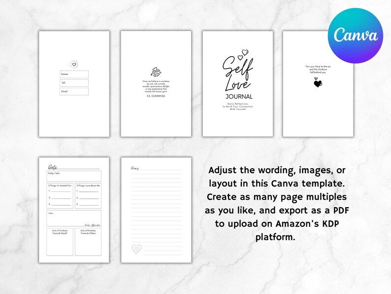 Modelo de Canva do diário de amor próprio KDP | Arquivo interno do diário KDP | Diário de Bem-Estar | Diário de Mindfulness para impressão | Diário de Ansiedade imagem 2