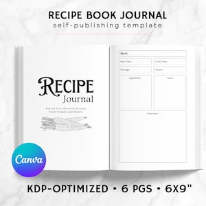 KDP Recipe Book Canva Template | KDP Journal Interior File | Recipe Journal | Food Journal Printable