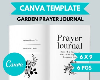 Pode incluir: Um modelo Canva para um diário de oração de jardim. A capa apresenta uma ilustração em preto e branco de borboletas e folhas. O texto na capa diz "Diário de oração" e "Registrar e preservar suas conversas mais importantes". O diário mede 15,24 x 22,86 cm e tem 6 páginas.