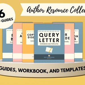 Può includere: Un set di sei guide PDF per autori, che include un quaderno di lavoro e modelli per scrivere una lettera di richiesta. Le guide sono codificate a colori e presentano un motivo a pois. Il testo sulle guide include "Lettera di richiesta", "Quaderno di lavoro e modelli", "Magia dell'auto-pubblicazione", "Copiare e scoprire", "Branding dell'autore", "Trama del libro" e "Recensioni dei lettori".