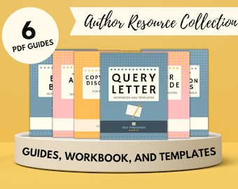 May include: A set of six PDF guides for authors, including a workbook and templates for writing a query letter. The guides are color-coded and feature a polka dot pattern. The text on the guides includes "Query Letter", "Workbook and Templates", "Self-Publishing Magic", "Copy & Discovery", "Author Branding", "Book Blurb", and "Reader Reviews".