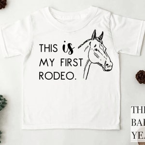 Funny First Rodeo Toddler T-Shirt for Little Cowboy or Cowgirl + Baby Bodysuit - Horse Animal Themed Newborn Toddler Birthday Gift Idea