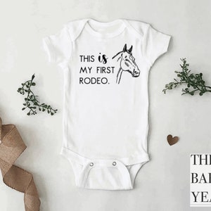Funny First Rodeo Baby Bodysuit and Toddler T-Shirt for Little Cowboy or Cowgirl - Horse Animal Themed Newborn Baby Shower Gift