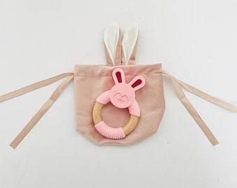 Bunny teether ring and bunny bag: Easter gift/ babies 1st Easter