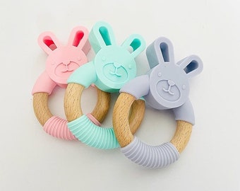 Bunny Silicone and Natural Wood Teether,Teething Ring,Baby Sensory,Baby Safe Teether,New Baby Gift,Baby Shower Gift, Teether / Sensory toy