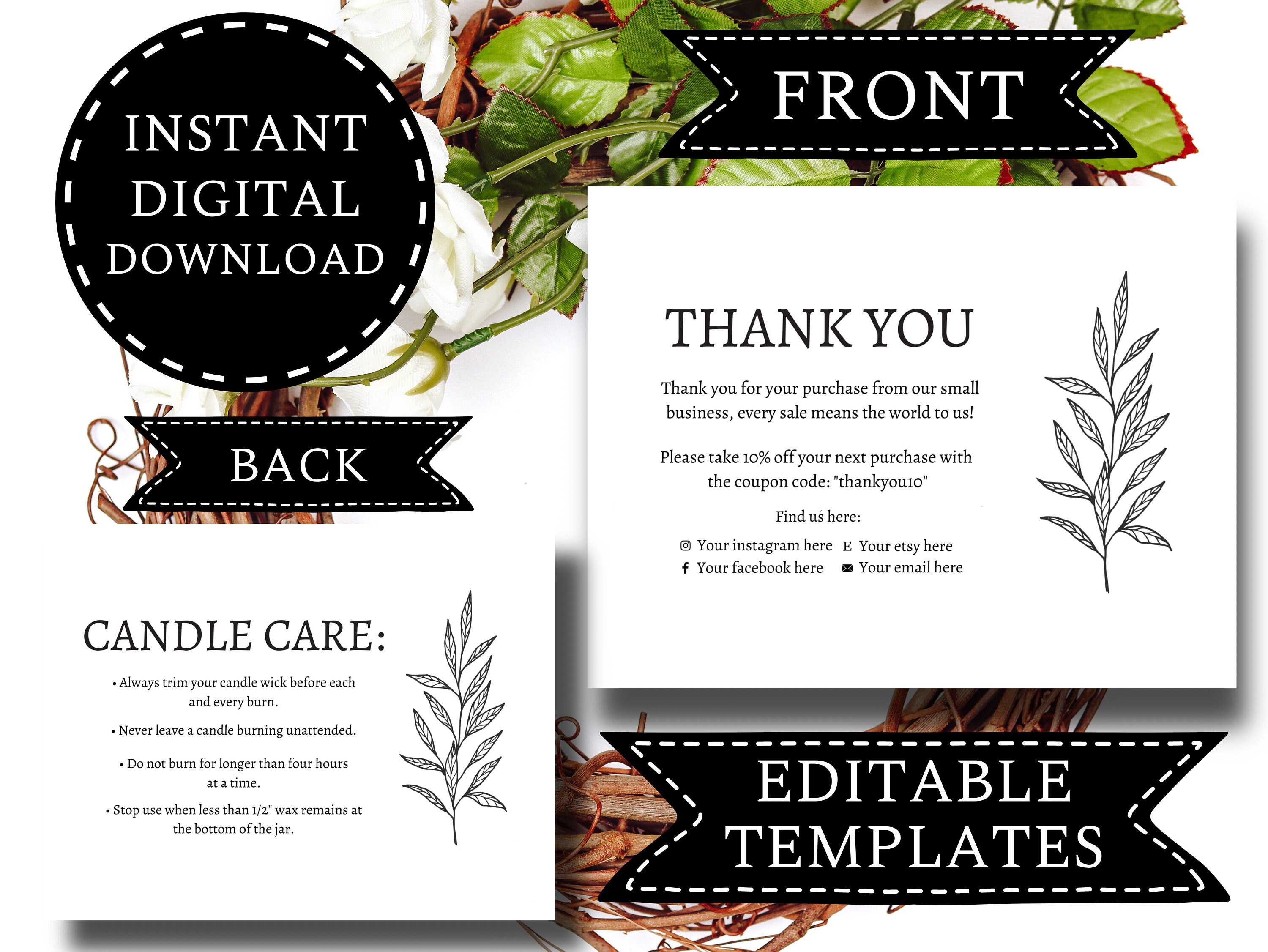 DIGITAL DOWNLOAD Thank You Business & Candle Care Card Etsy