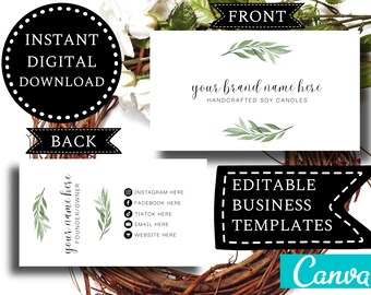 Business Card Template Editable DIGITAL DOWNLOAD | Candle Business Owners | Minimalistic Greenery Botanical Design | CANVA Template Design