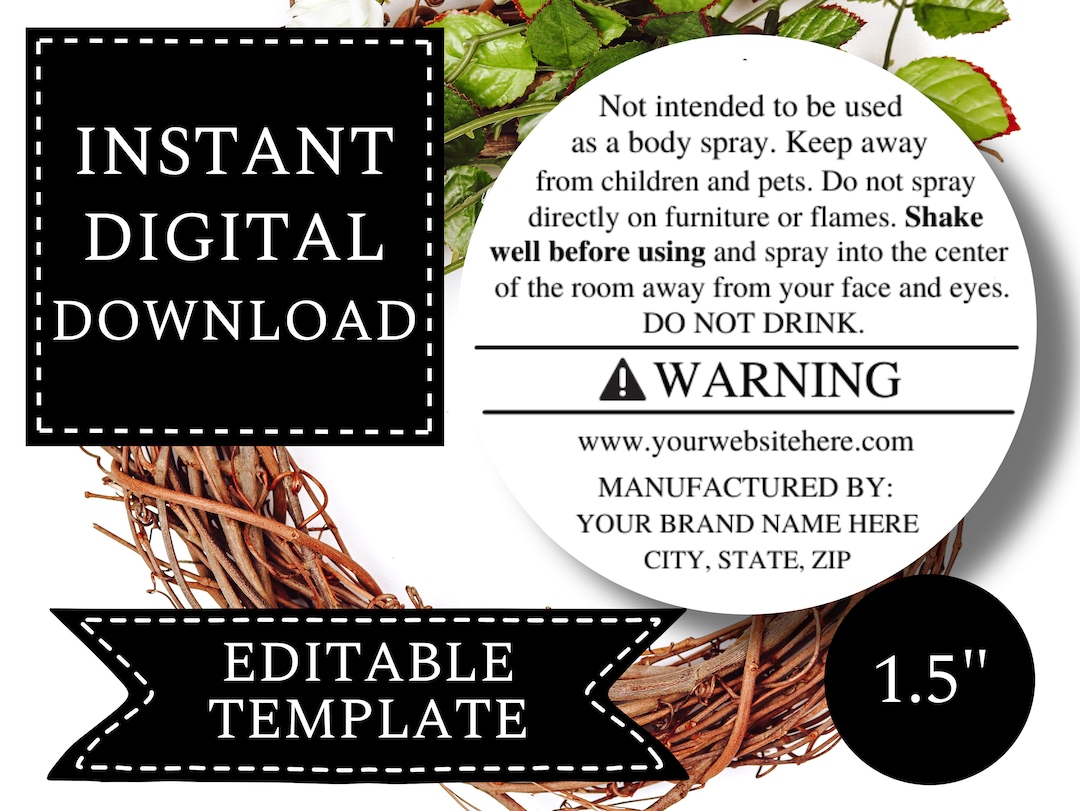 Room Spray Warning Label Template DIGITAL DOWNLOAD Custom Editable