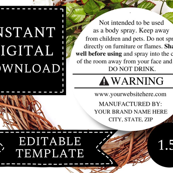 Room Spray Warning Label Template DIGITAL DOWNLOAD | Custom Editable Template Design With Canva | Safety Label | 1.5" Circle Design