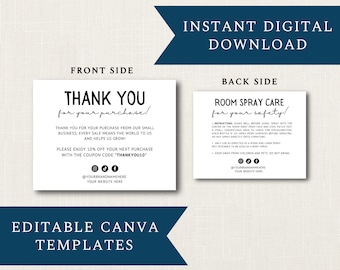 Room Spray Care & Thank You Card DIGITAL DOWNLOAD Template | Editable Simple Minimalist CANVA Template Design | 5.5" x 4.25" Card