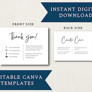 Cuidado de velas y tarjeta de agradecimiento Plantilla de DESCARGA DIGITAL / Diseño de plantilla simple minimalista editable / Tarjetas de 5,5" x 4,25"