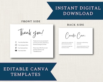 Candle Care & Thank You Card DIGITAL DOWNLOAD Template | Editable Minimalist Simple Template Design | 5.5" x 4.25" Cards